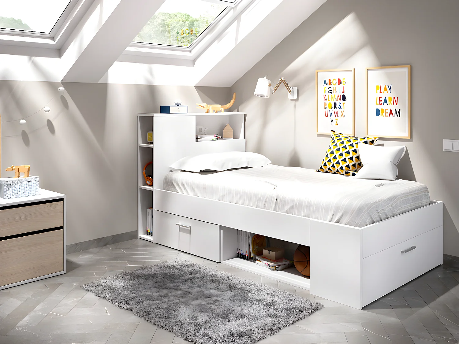 Łóżko z zagłówkiem, ze skrzynią i szufladą – 90 x 190 cm – białe + stelaż – LEANDRE 703125
