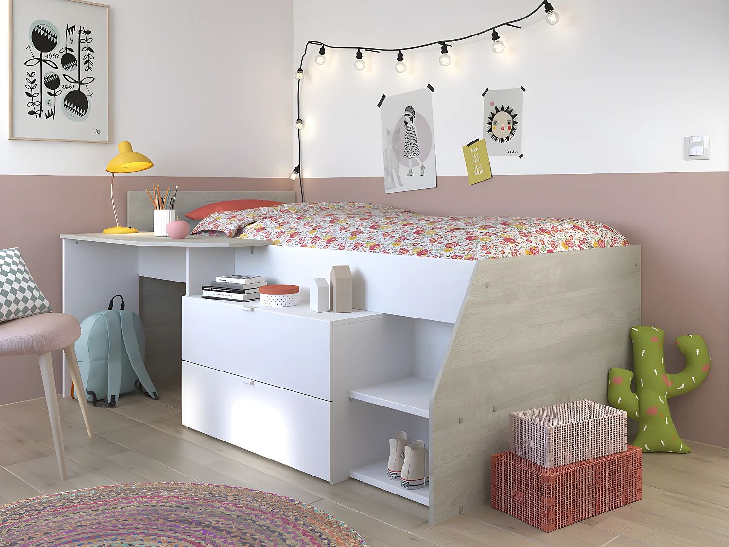 Łóżko z wbudowanym biurkiem i schowkami - 90 x 190/200 cm - Biały i naturalny + stelaż - GISELE 705137 - obrazek 1