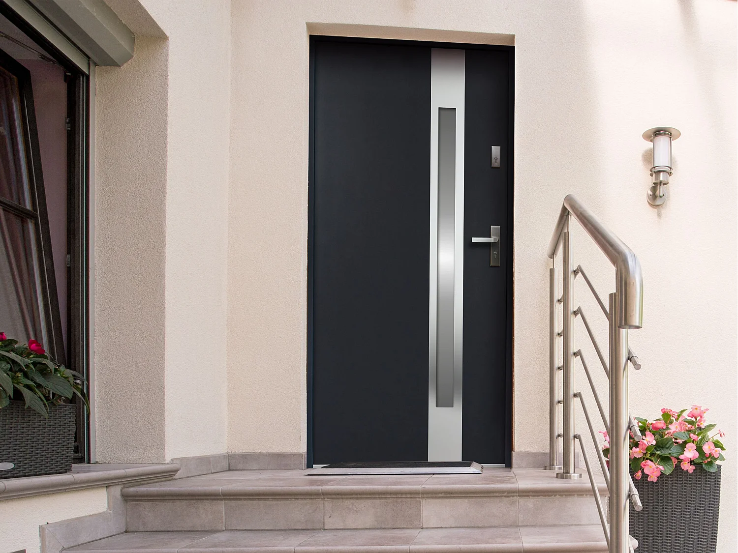 Drzwi wejściowe ze stali nierdzewnej i inox z przeszkleniami, wys. 207 x szer. 100 cm, kolor antracytowy – skrzydło lewe - BRAGA 138809 - obrazek 1