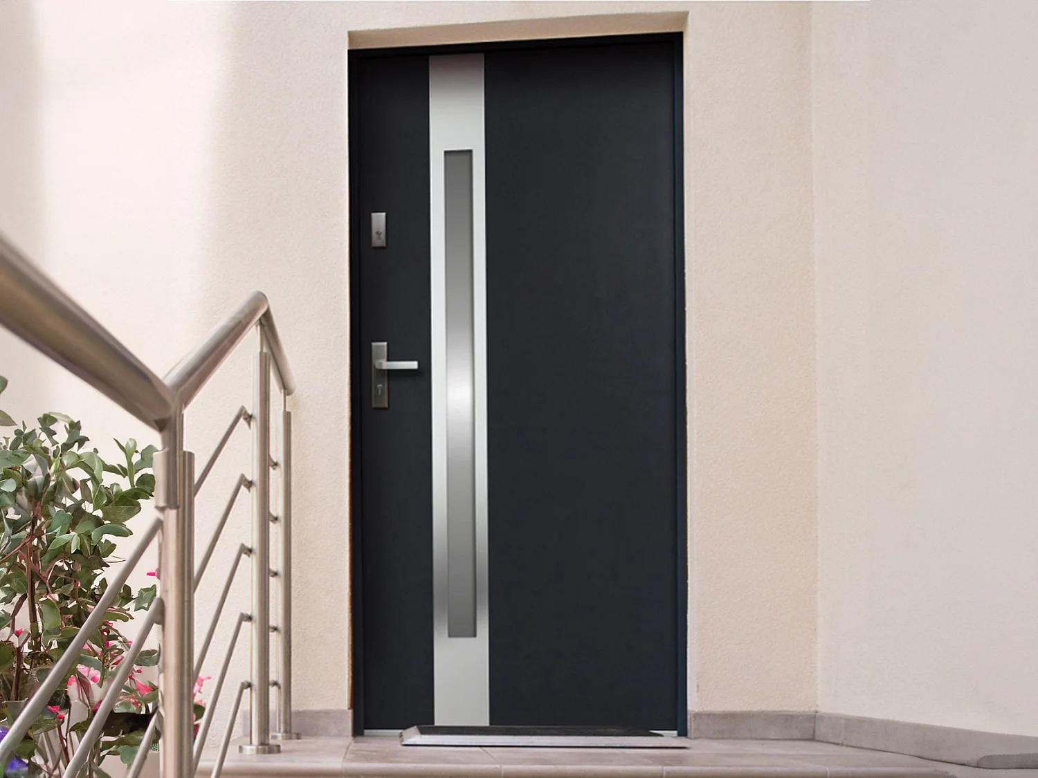 Drzwi wejściowe ze stali nierdzewnej i inox z przeszkleniami, wys. 207 x szer. 100 cm, kolor antracytowy – skrzydło prawe – BRAGA 138811