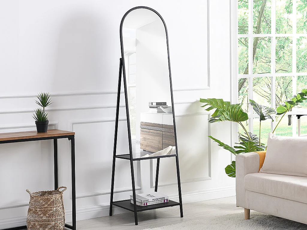 Lustro stojące z 2 półkami – Metal – szer. 46 x gł. 41 x wys. 172 cm – Czarny – LIVIO 128335