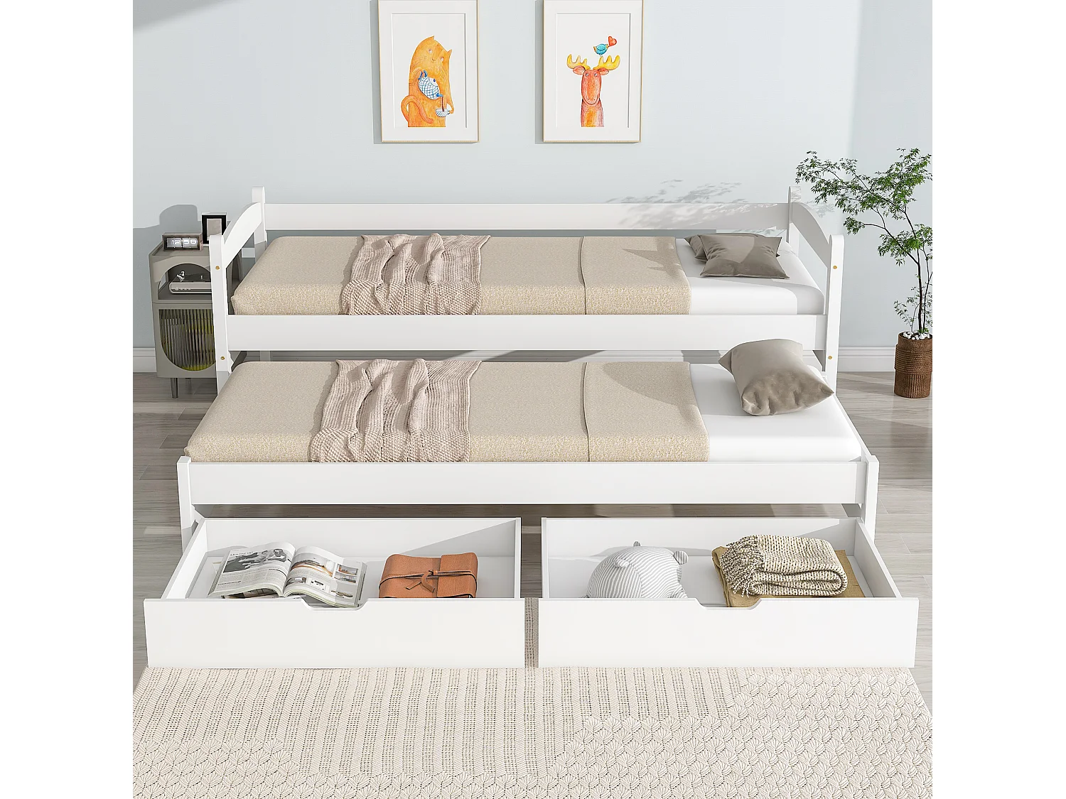 Łóżko wysuwane z pojemnikiem - 90 x 200 cm + 190 x 90 cm - 2 szuflady - lite drewno - kolor biały 1675481 - obrazek 1