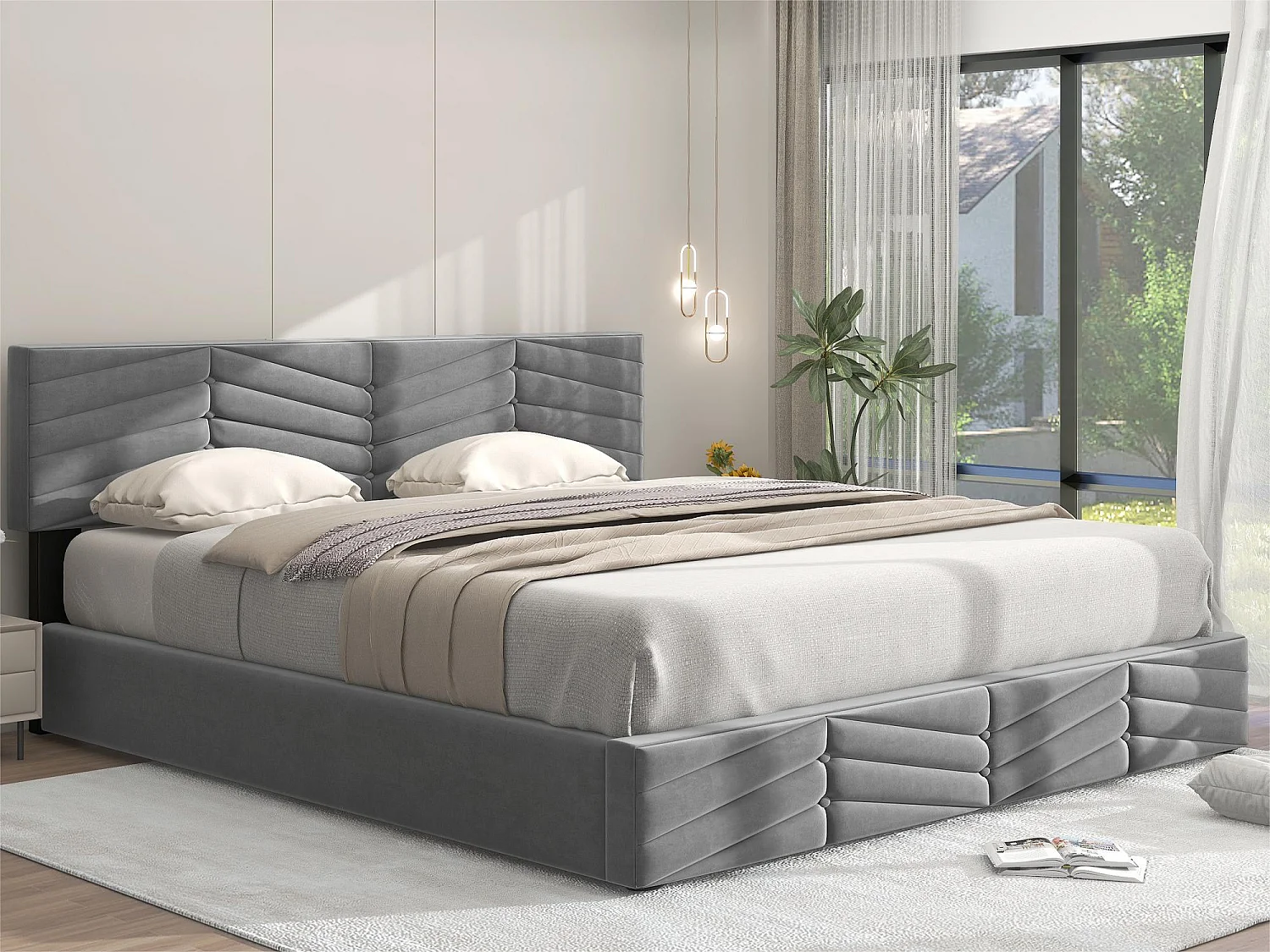 Łóżko z weluru z stelażem na listwy + regulowane wezgłowie - 180x200cm - Szare 1399159 - obrazek 1