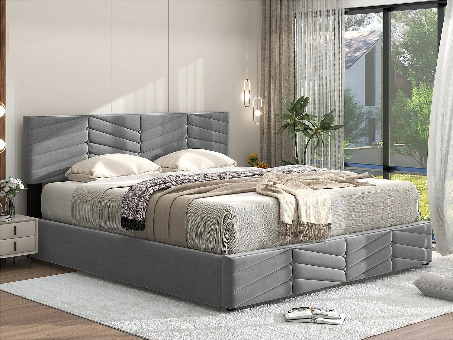 Łóżko z weluru z stelażem na listwy + regulowane wezgłowie - 140x200cm - Szare 1399189 - obrazek 1