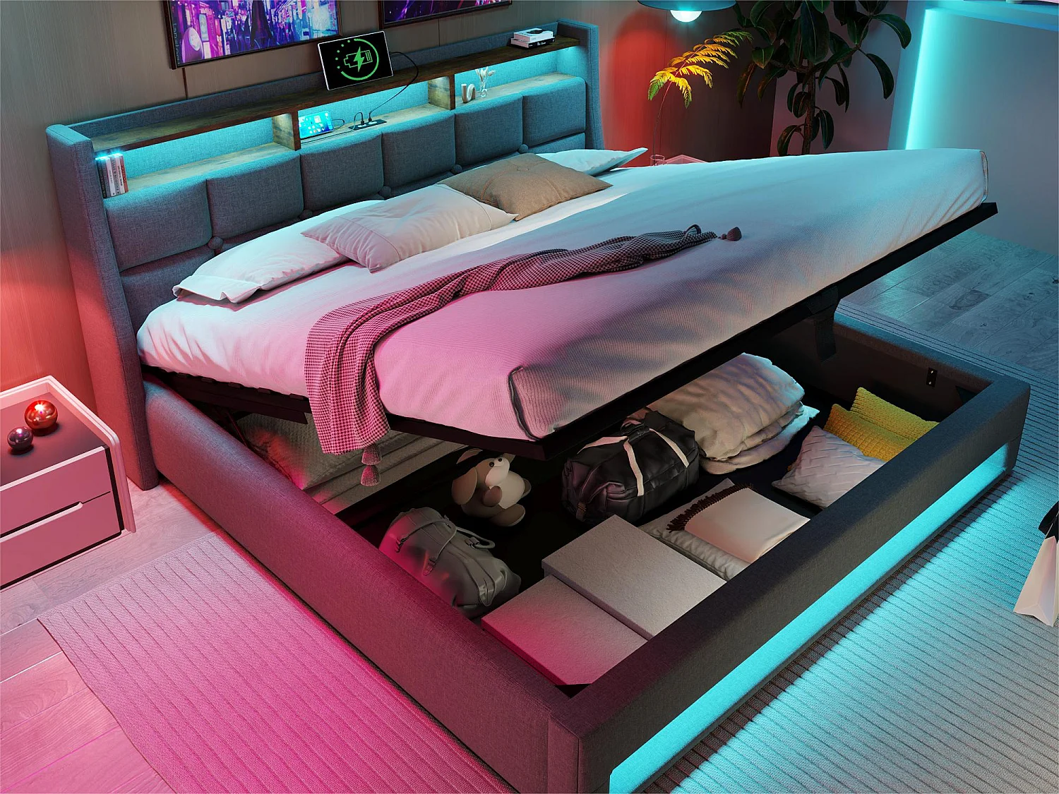 Łóżko z lnu 180x200cm z LED i portami USB - stelaż na listwach - szare 1710839 - obrazek 1