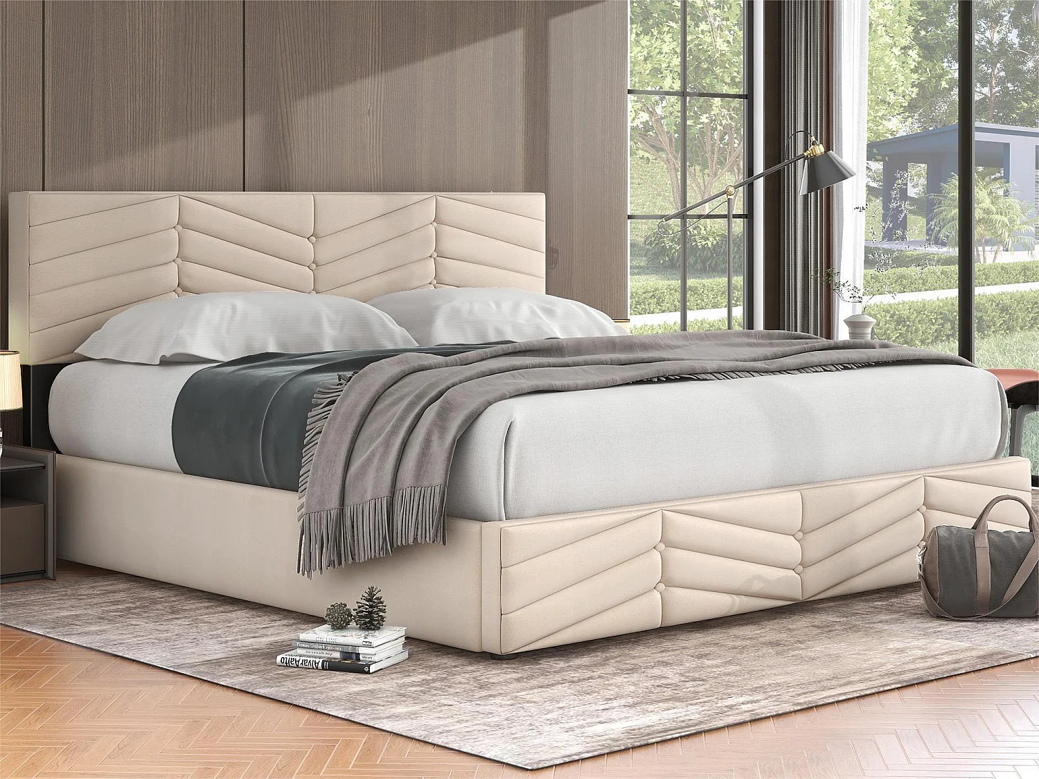 Łóżko z weluru z stelażem na listwy + regulowane wezgłowie - 160x200cm - Beżowe 1724039 - obrazek 1