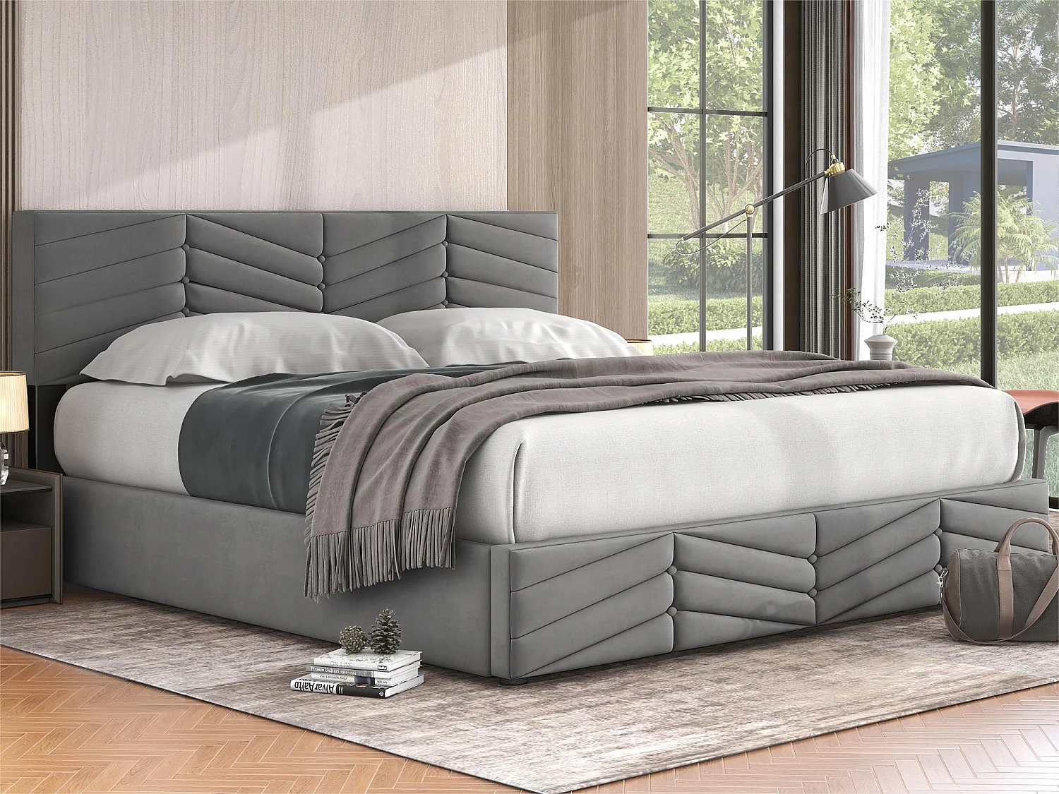 Łóżko z weluru z stelażem na listwy + regulowane wezgłowie - 160x200cm - Szare 1724041 - obrazek 1