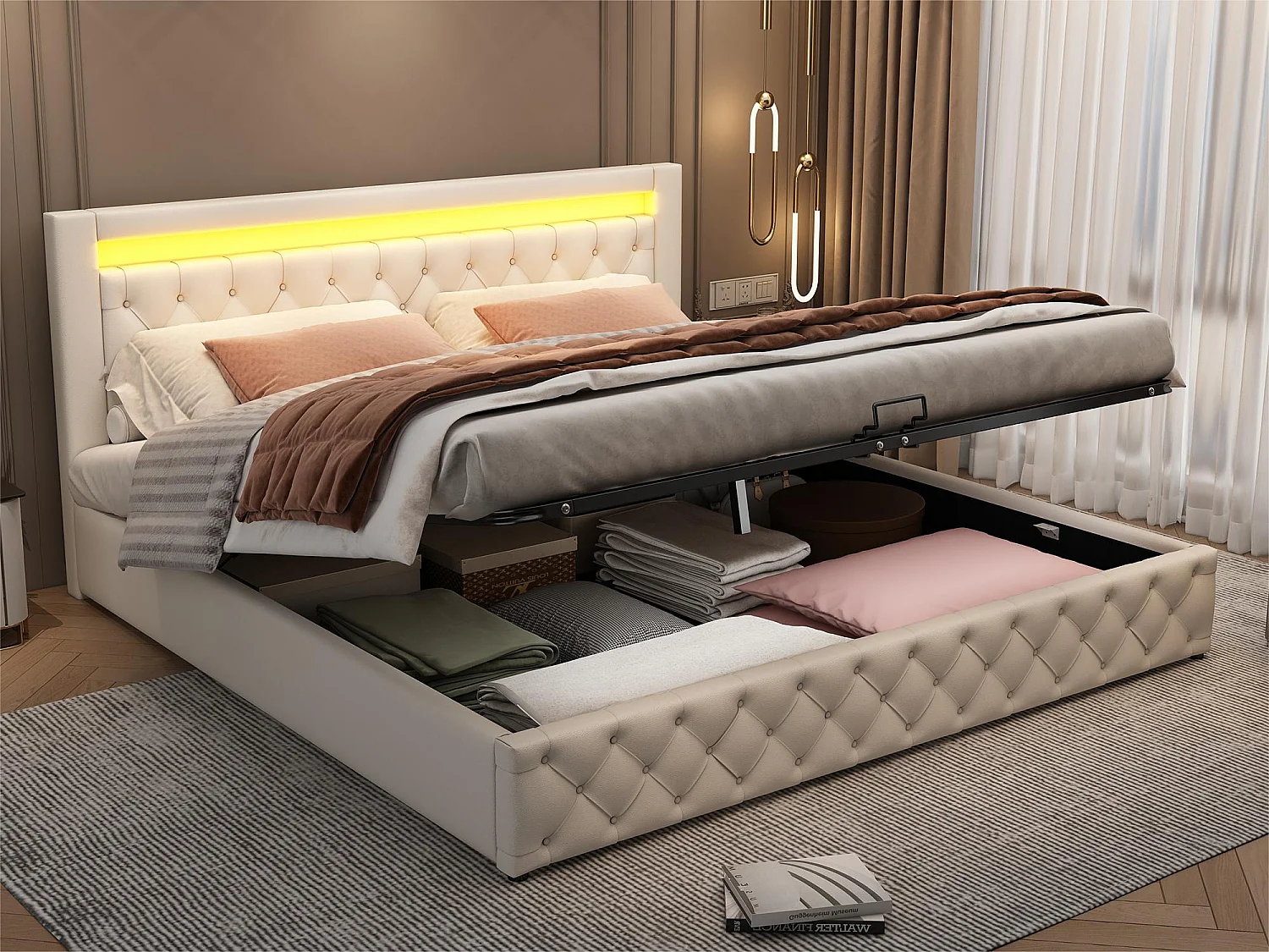 Łóżko z tapicerowanym zagłówkiem z ekoskóry z LED - 180x200cm - z stelażem na listwach - Białe 1398947 - obrazek 1