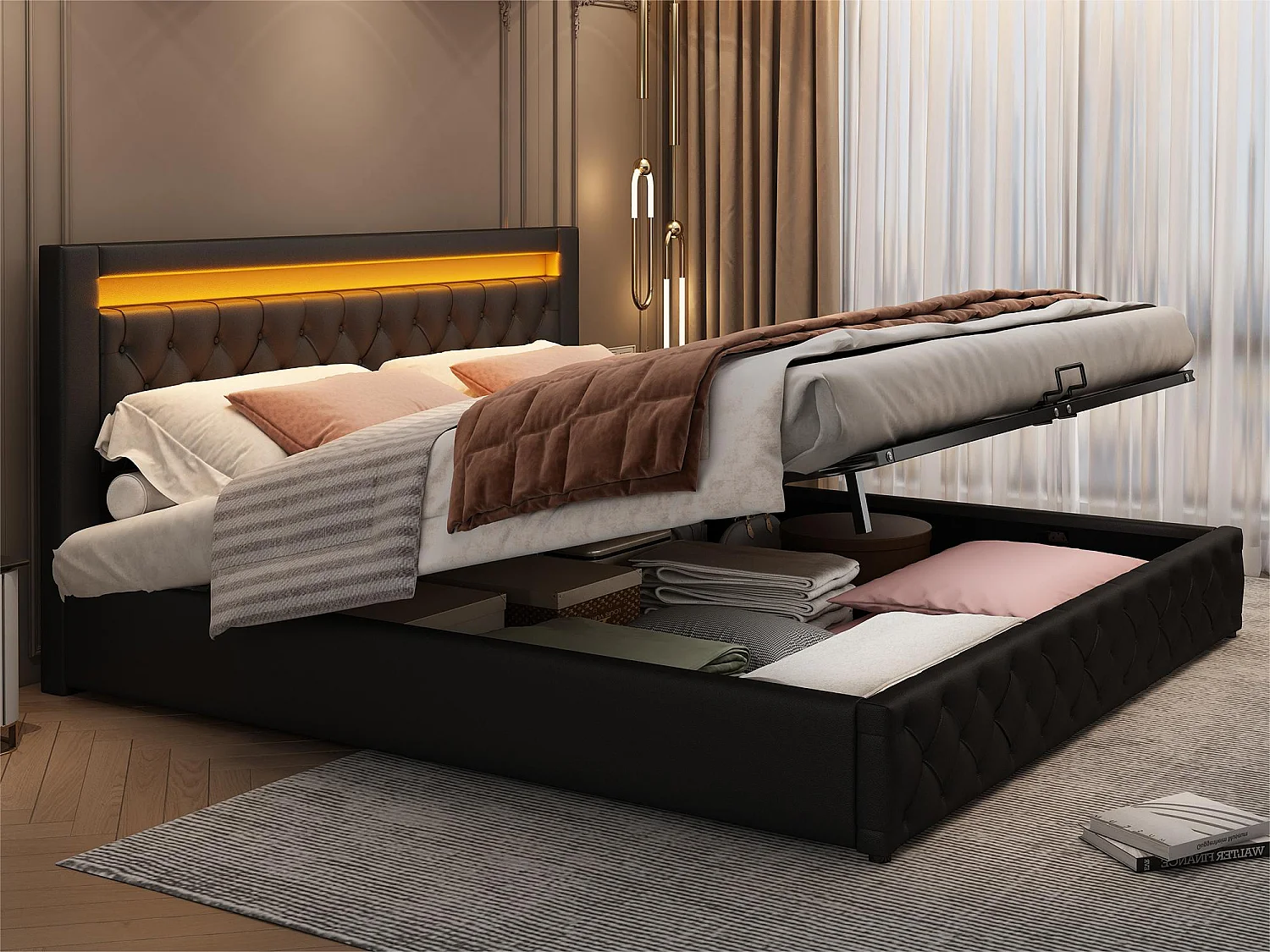 Łóżko z tapicerowanym zagłówkiem z ekoskóry z LED - 180x200cm - z stelażem na listwach - Czarny 1398991 - obrazek 1