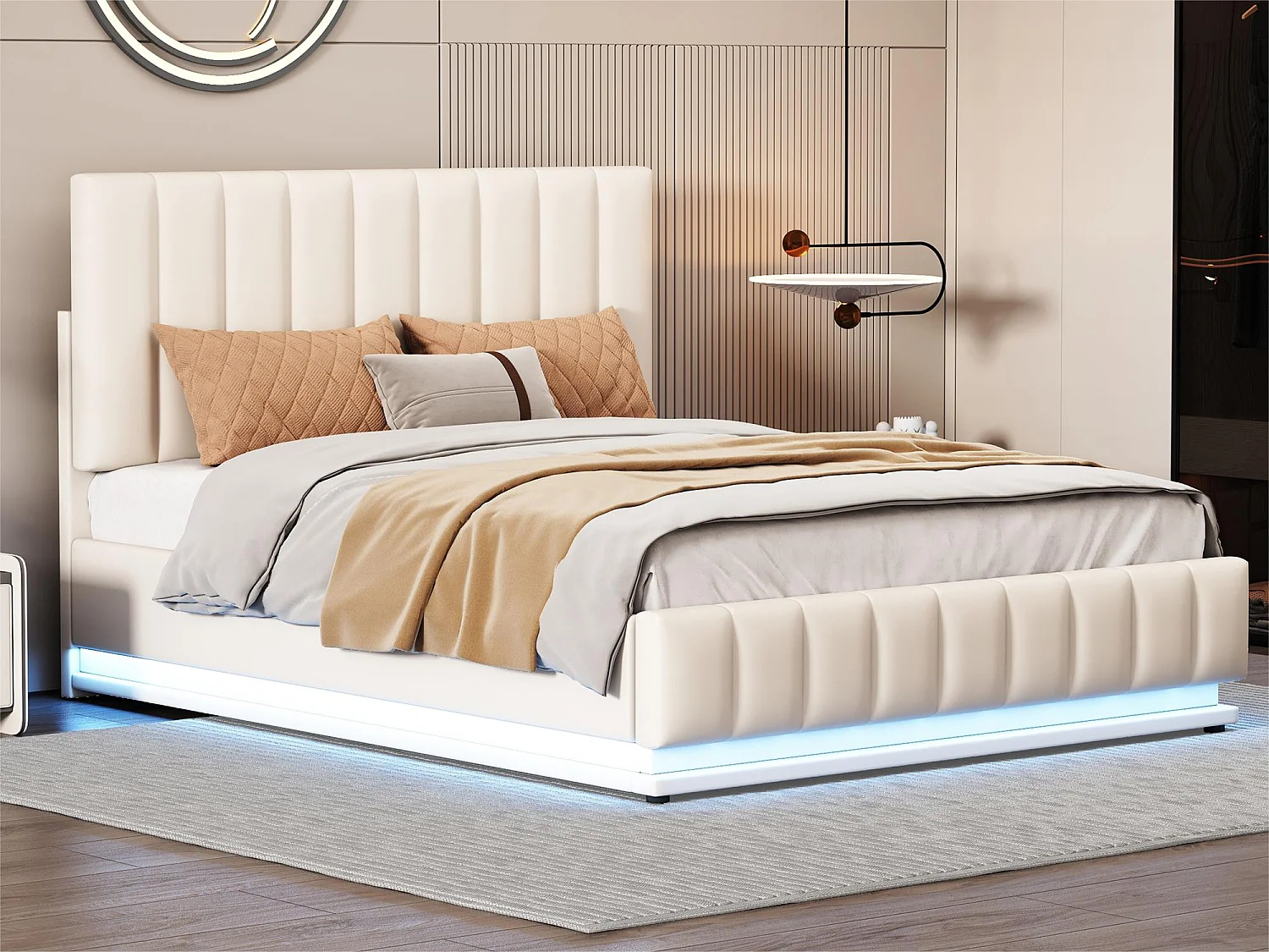 Łóżko z ekoskóry z LED + stelaż na listwy + regulowane wezgłowie - 140x200cm - Białe 1399107 - obrazek 1