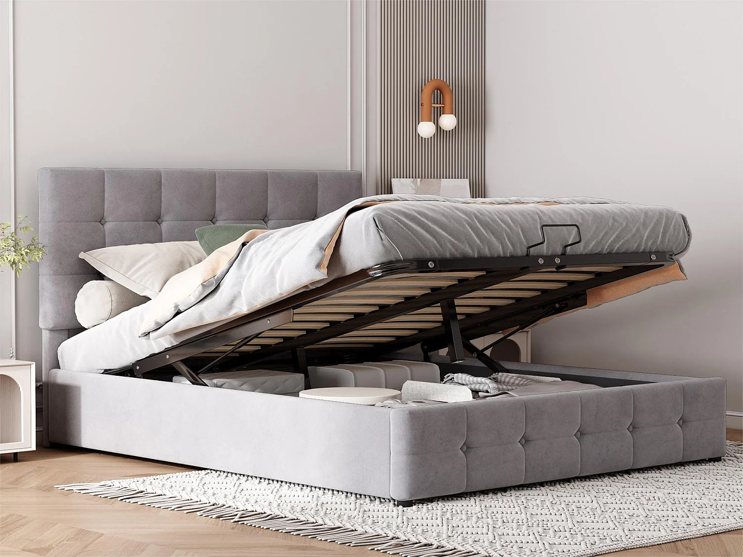 Łóżko z tapicerowanym stelażem - 140x200cm - materiał welurowy - regulowane wezgłowie w wzór blokowy - Szary 1399155 - obrazek 1