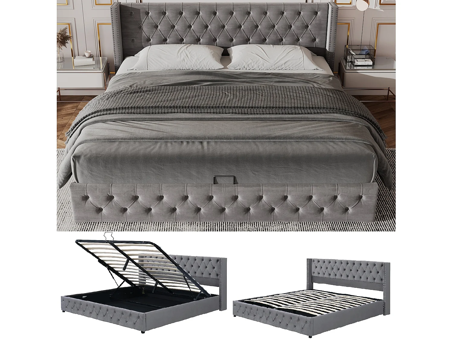 Łóżko ze schowkiem - 160 x 200 cm - aksamit - stelaż z listew - styl Chesterfield - szary 1753695 - obrazek 1