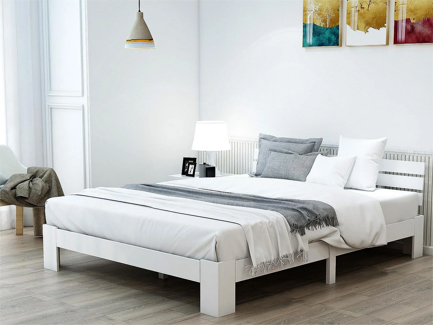 Łóżko z wezgłowiem – 140 x 200 cm – sosna – stelaż listwowy – białe 1675589