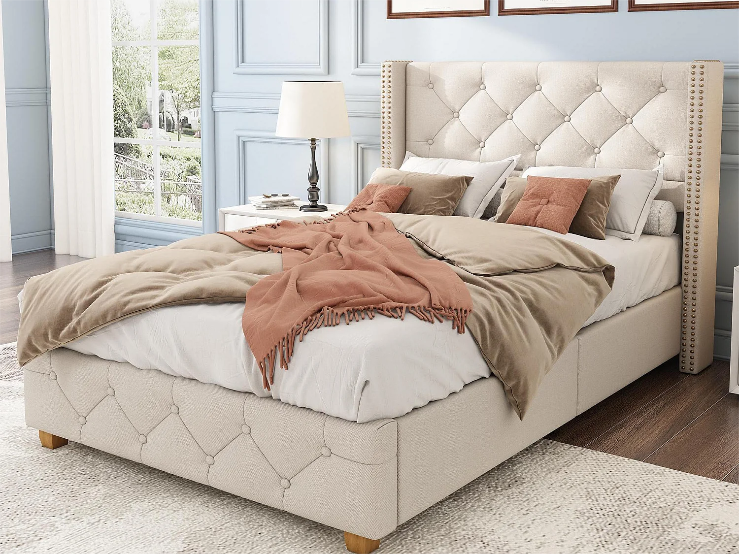 Łóżko z tapicerowanym wezgłowiem – 90 x 200 cm – tkanina lniana – stelaż z listew – kolor beżowy 1746357