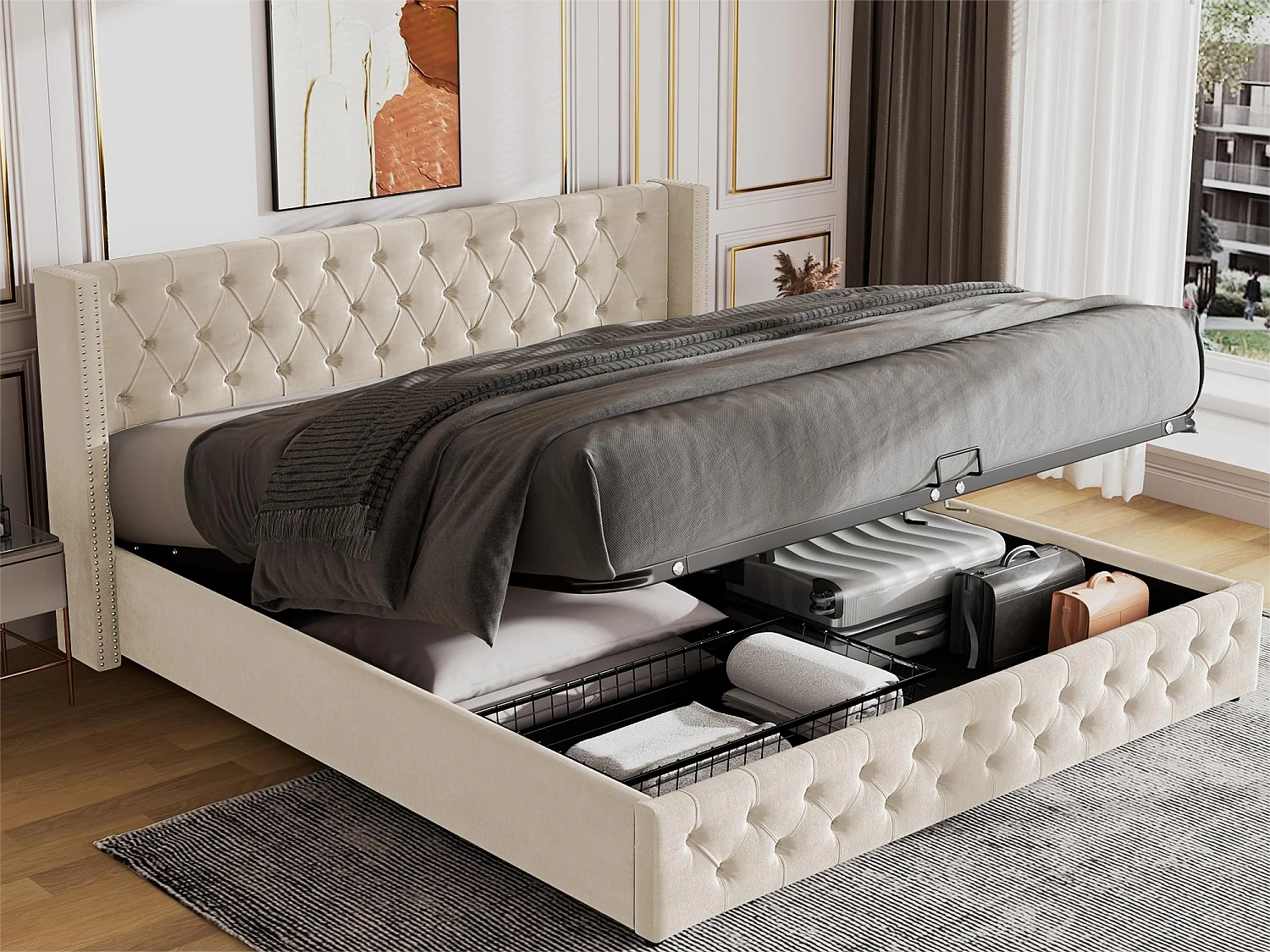 Łóżko z pojemnikiem 180 x 200 cm, łóżko dwuosobowe tapicerowane aksamitem, dekor z nitami i guzikami, stelaż z listew, styl Chesterfield, beżowe 1809471 - obrazek 1