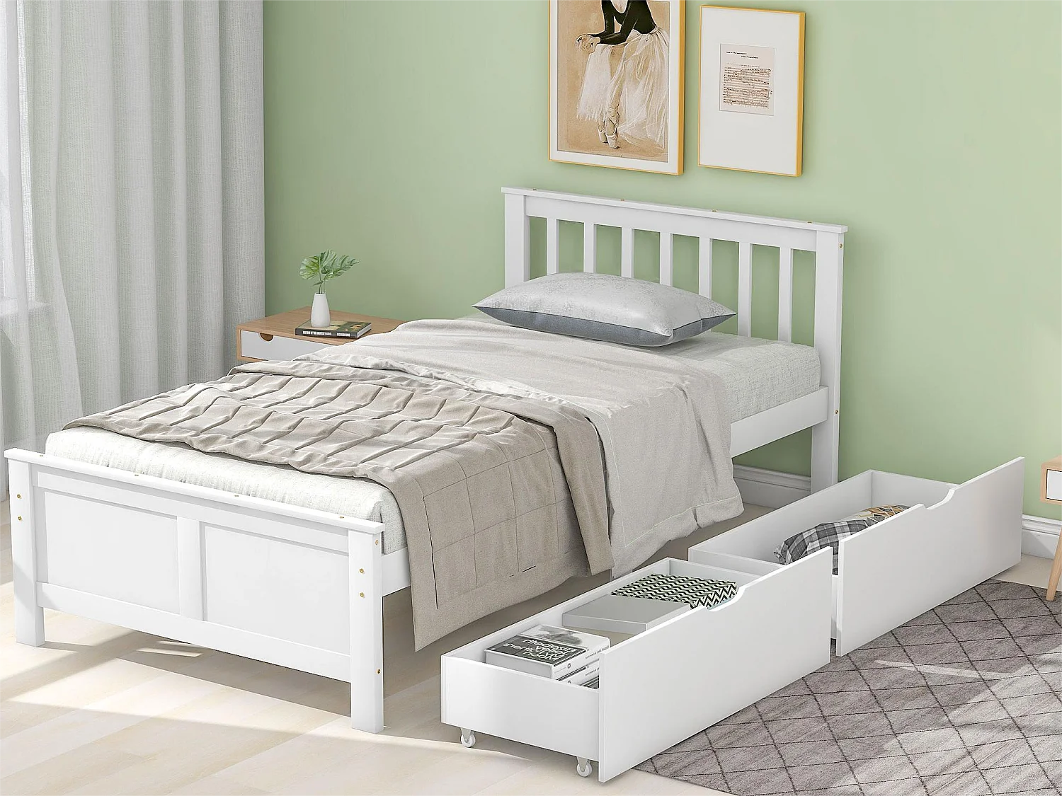 Łóżko z wezgłowiem i 2 szufladami – 90 x 200 cm – sosna – stelaż z listew – białe 1675611