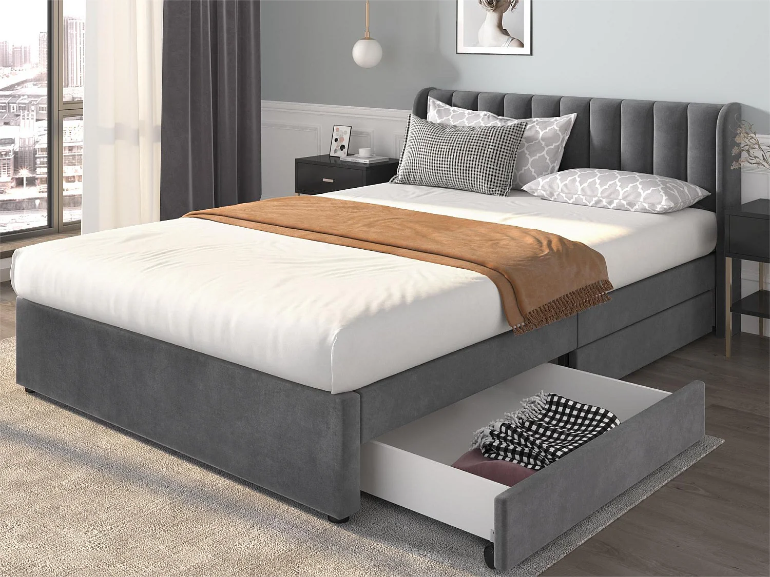Łóżko z wezgłowiem i 2 szufladami – 160 x 200 cm – tkanina aksamitna – stelaż listwowy – szare 1675637