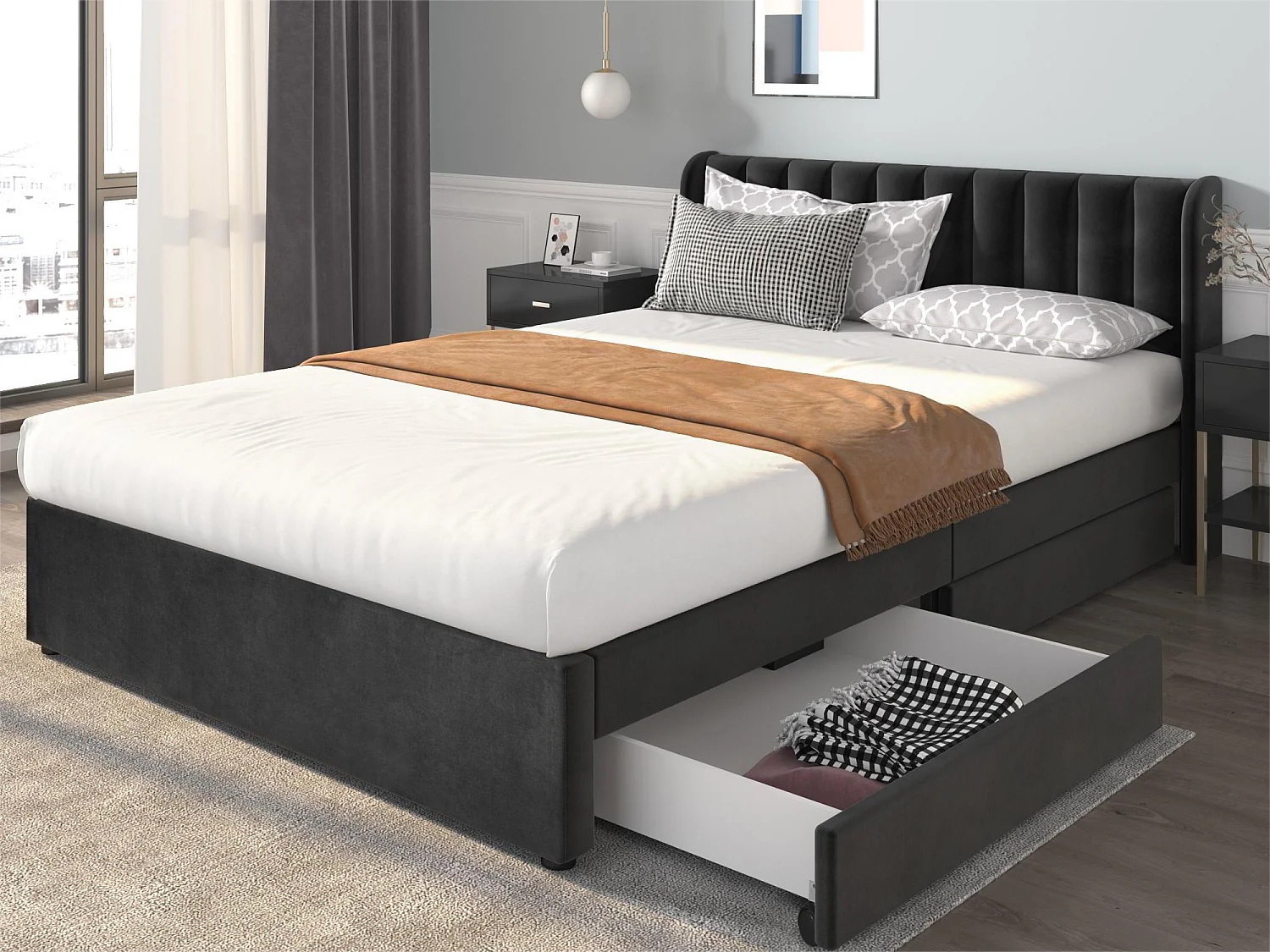 Łóżko z wezgłowiem i 2 szufladami – 160 x 200 cm – aksamit – stelaż z listew – nowoczesny design – czarne 1675657