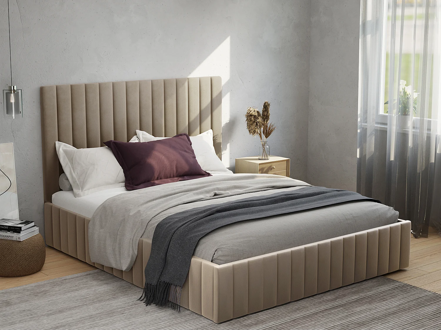 Łóżko ze skrzynią 160 x 200 cm i zagłówkiem z pionowymi przeszyciami – welur – Taupe + Materac - LARALI marki Pascal Morabito 996931 - obrazek 1