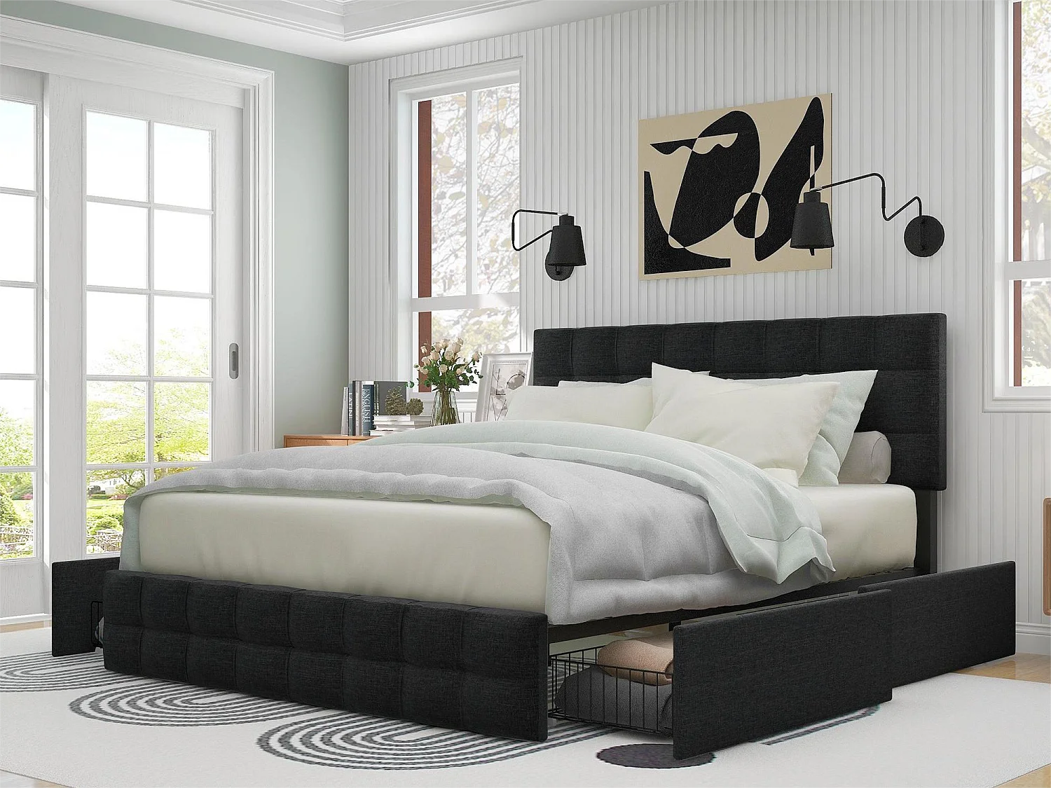 Łóżko z wezgłowiem i 4 szufladami – 140 x 200 cm – tkanina lniana – czarne 1833975