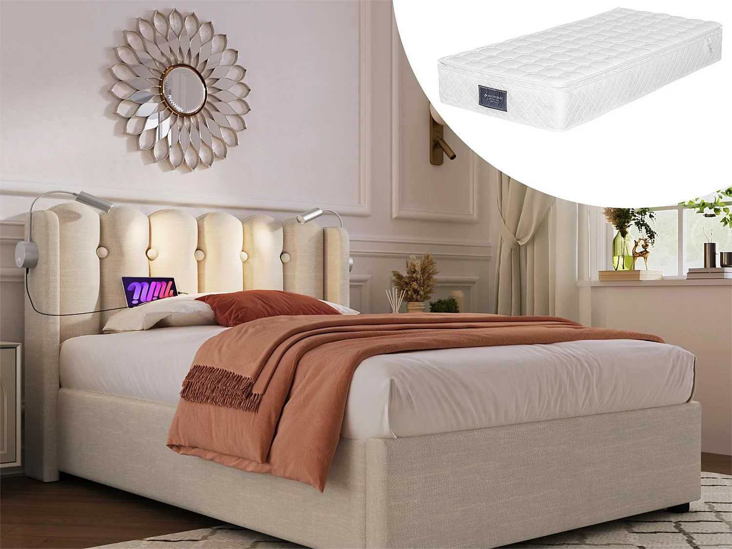 Łóżko ze schowkiem 90 x 200 cm - lampka do czytania i USB - tkanina lniana - kolor naturalny + materac 1834219 - obrazek 1