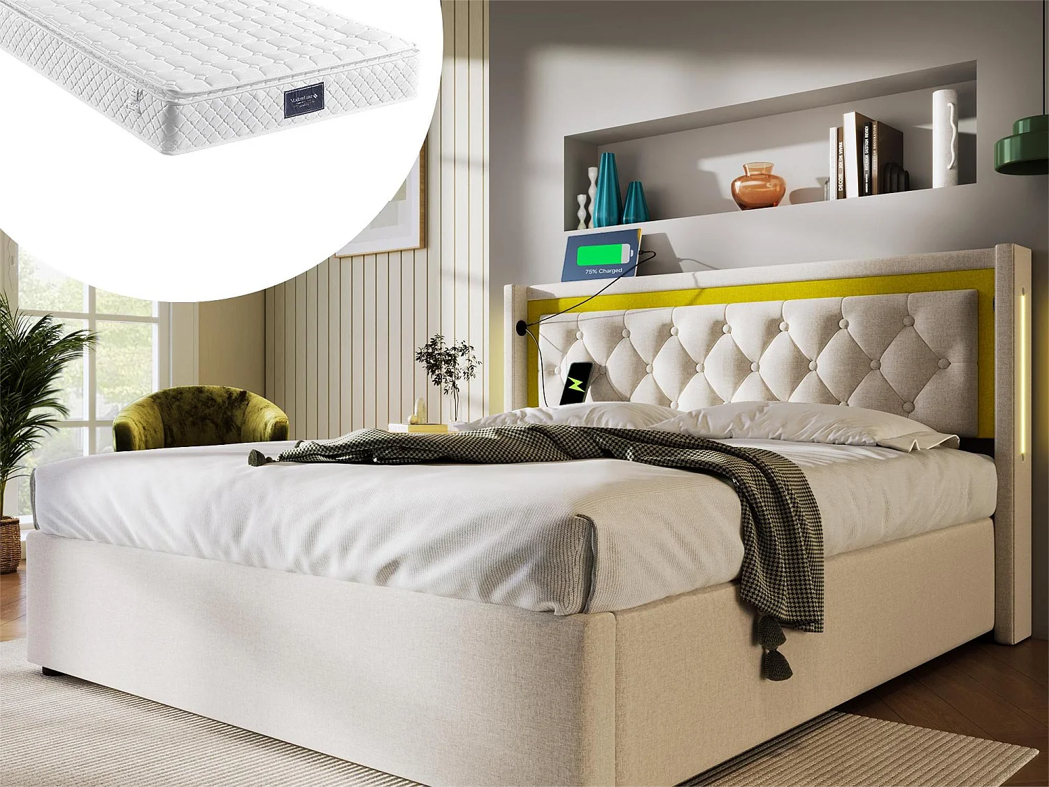 Łóżko ze schowkiem 160 x 200 cm - bawełna - USB Typ C i LED - kolor beżowy + materac 1834247 - obrazek 1