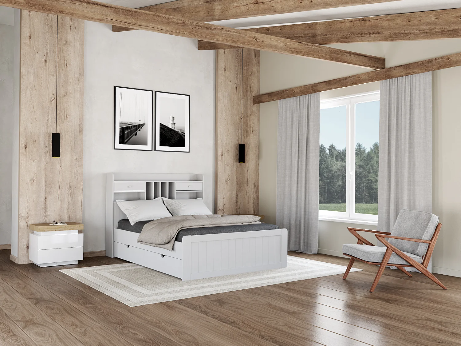 Łóżko ze skrzynią 140 x 190 cm – Sosna – Biały + Stelaż – MEDERICK 664603