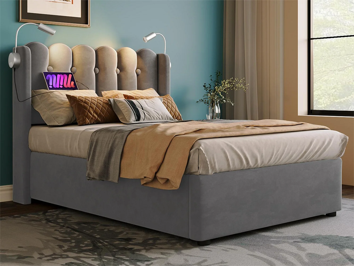 Łóżko ze schowkiem i zagłówkiem - 90 x 200 cm - lampka do czytania i port USB - tkanina lniana - kolor szary 1809487 - obrazek 1