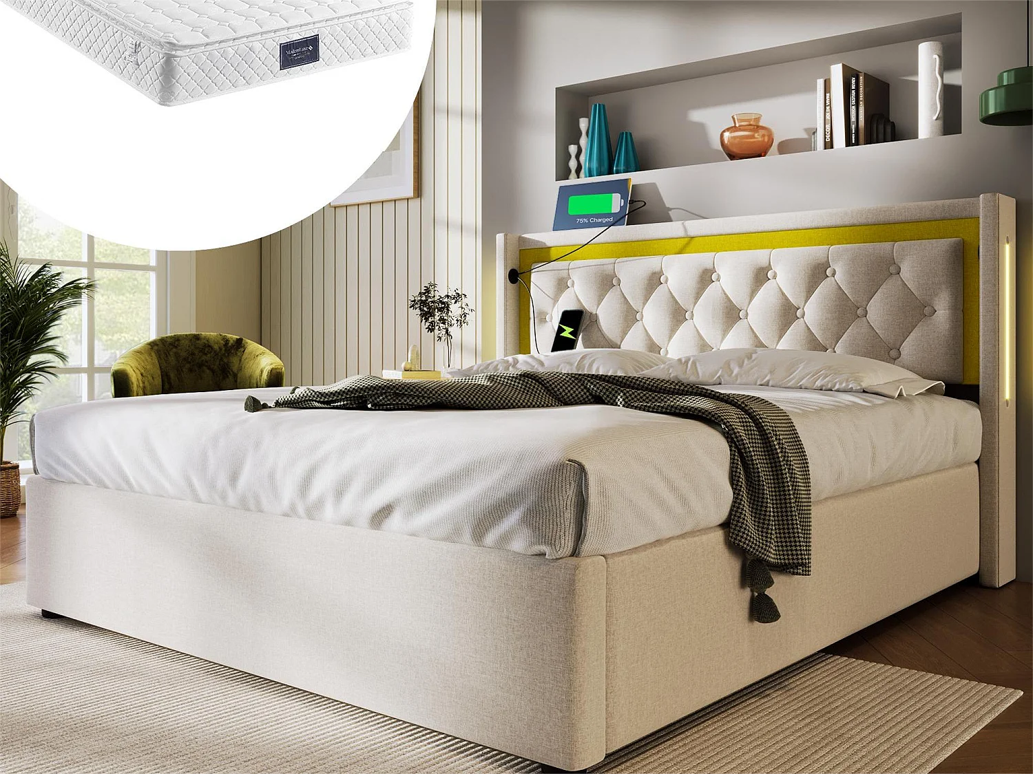 Łóżko ze schowkiem 140 x 200 cm - bawełna - USB Typ C i LED - kolor beżowy + materac 1834245 - obrazek 1