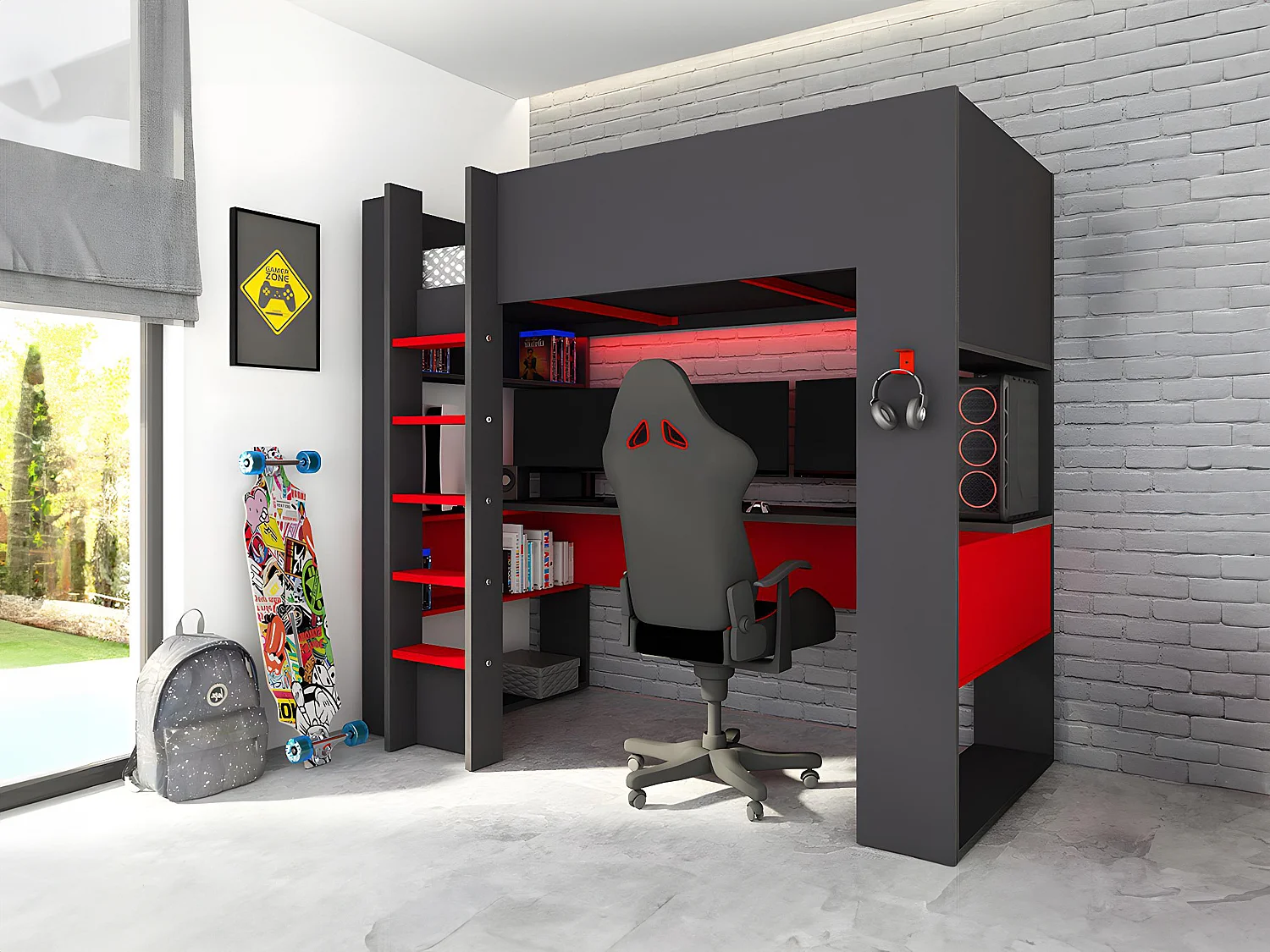 Łóżko z antresolą gamer NOAH, z biurkiem i ze skrzynią – 90 × 200 cm – z oświetleniem LED – kolor antracytowy i czerwony 133315