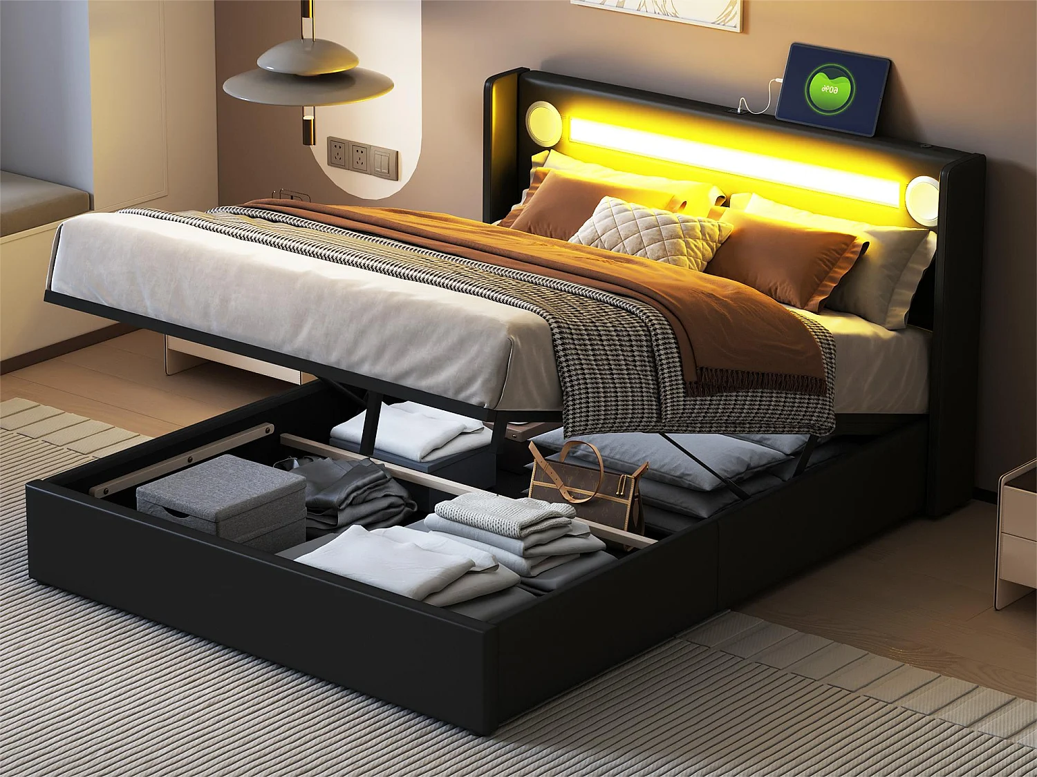 Łóżko ze schowkiem 140 x 200 cm - skóra ekologiczna - diody LED, Bluetooth i port USB - kolor czarny 1891523 - obrazek 1