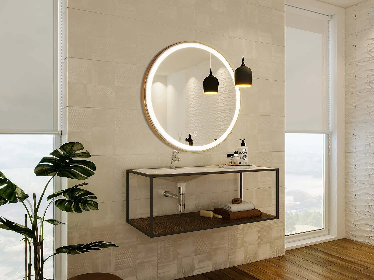 Lustro łazienkowe z oświetleniem LED okrągłe złote - śr. 80 cm - NUMEA 1583127 - obrazek 1