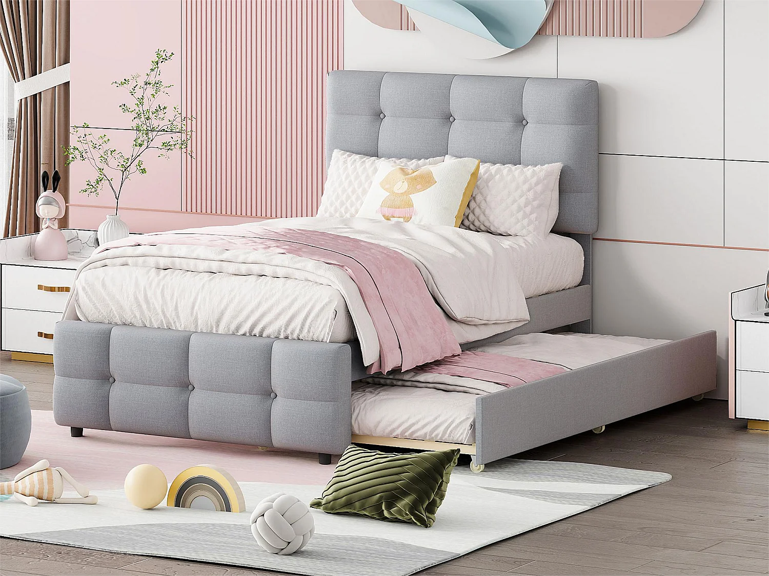 Łóżko wysuwane 90 x 190/200 cm – regulowany zagłówek – tkanina lniana – dla dzieci – szare 2025943