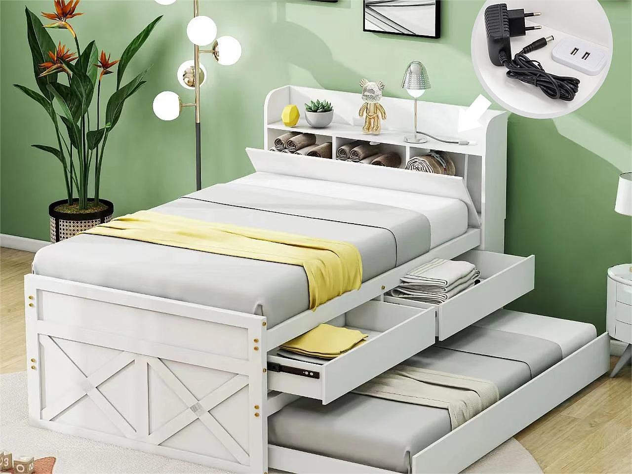 Łóżko wysuwane z 2 szufladami – 90 x 190 cm – półki do przechowywania i port USB – lite drewno – białe 2025929