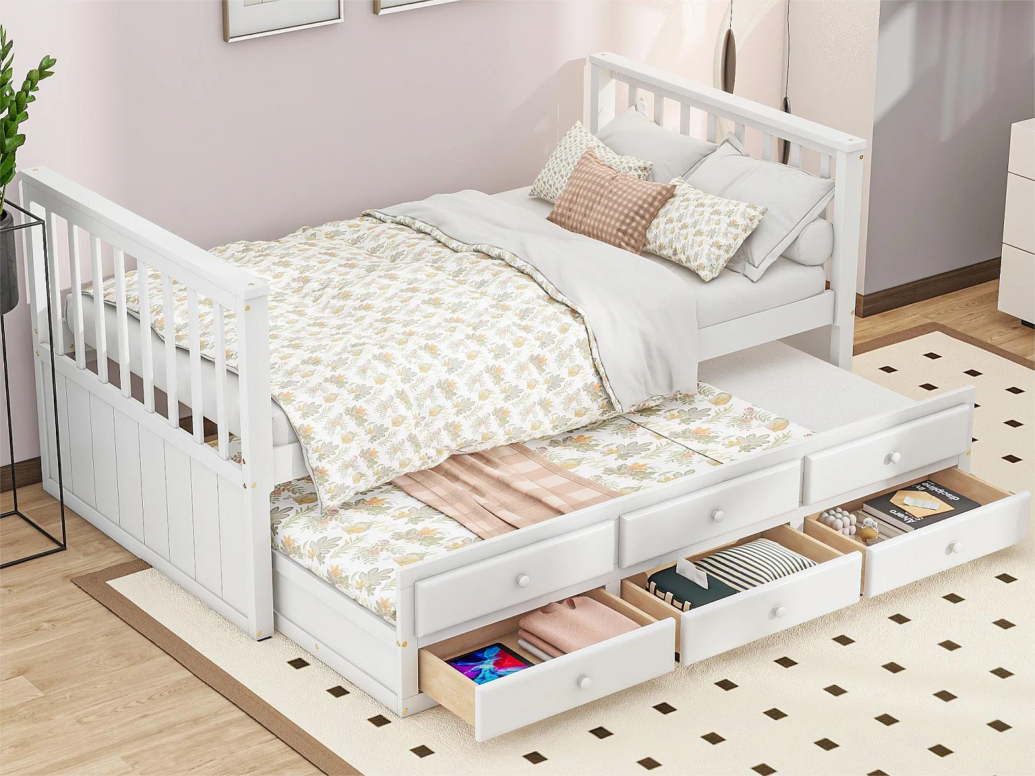 Łóżko wysuwane z 3 szufladami – 90 x 200 cm + 90 x 190 cm – sosna i MDF – styl nowoczesny – białe 2025967