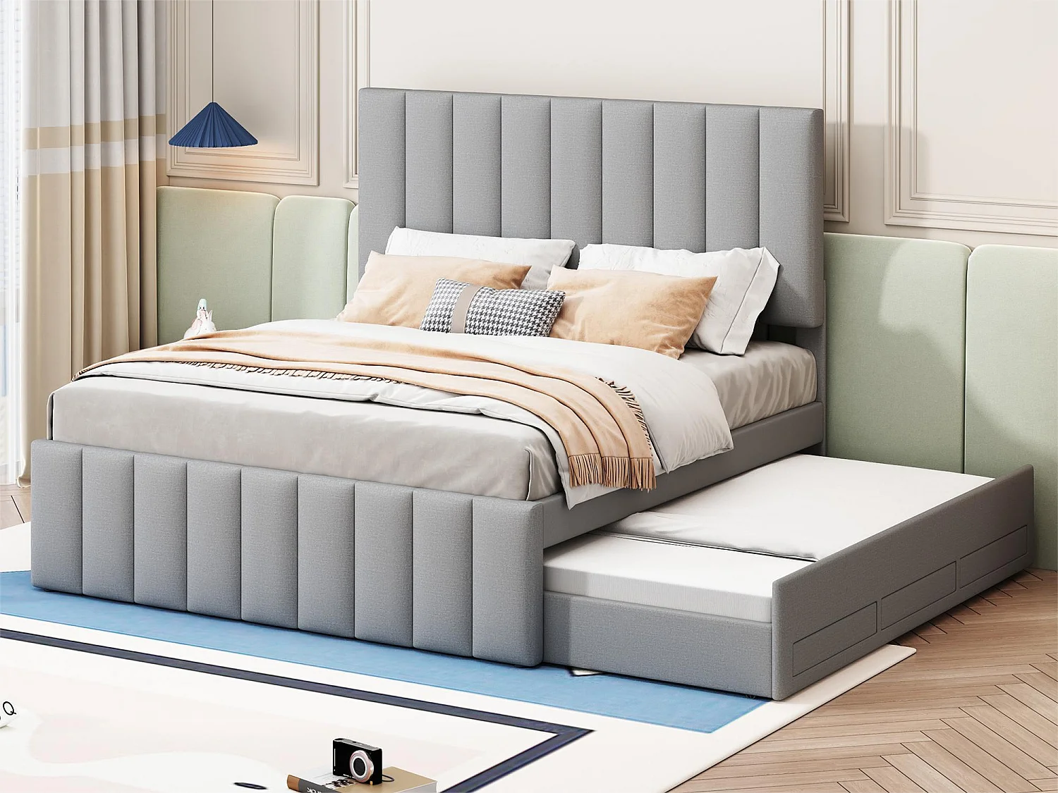 Łóżko wysuwane 140 x 200 cm + 90 x 190 cm – 3 szuflady – tkanina lniana – stelaż listwowy – szary 2025965