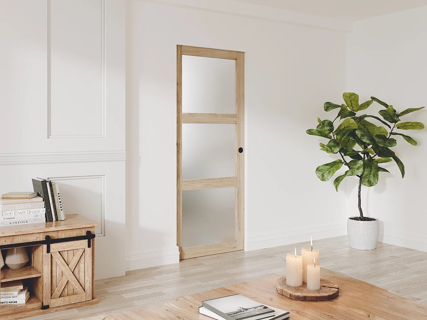 Drzwi przesuwne chowane w ścianie z 3 szybami - wys. 205 x szer. 63 cm - płyta MDF naturalna - Matowe szkło hartowane - ACOSTA II 2745445 - obrazek 1