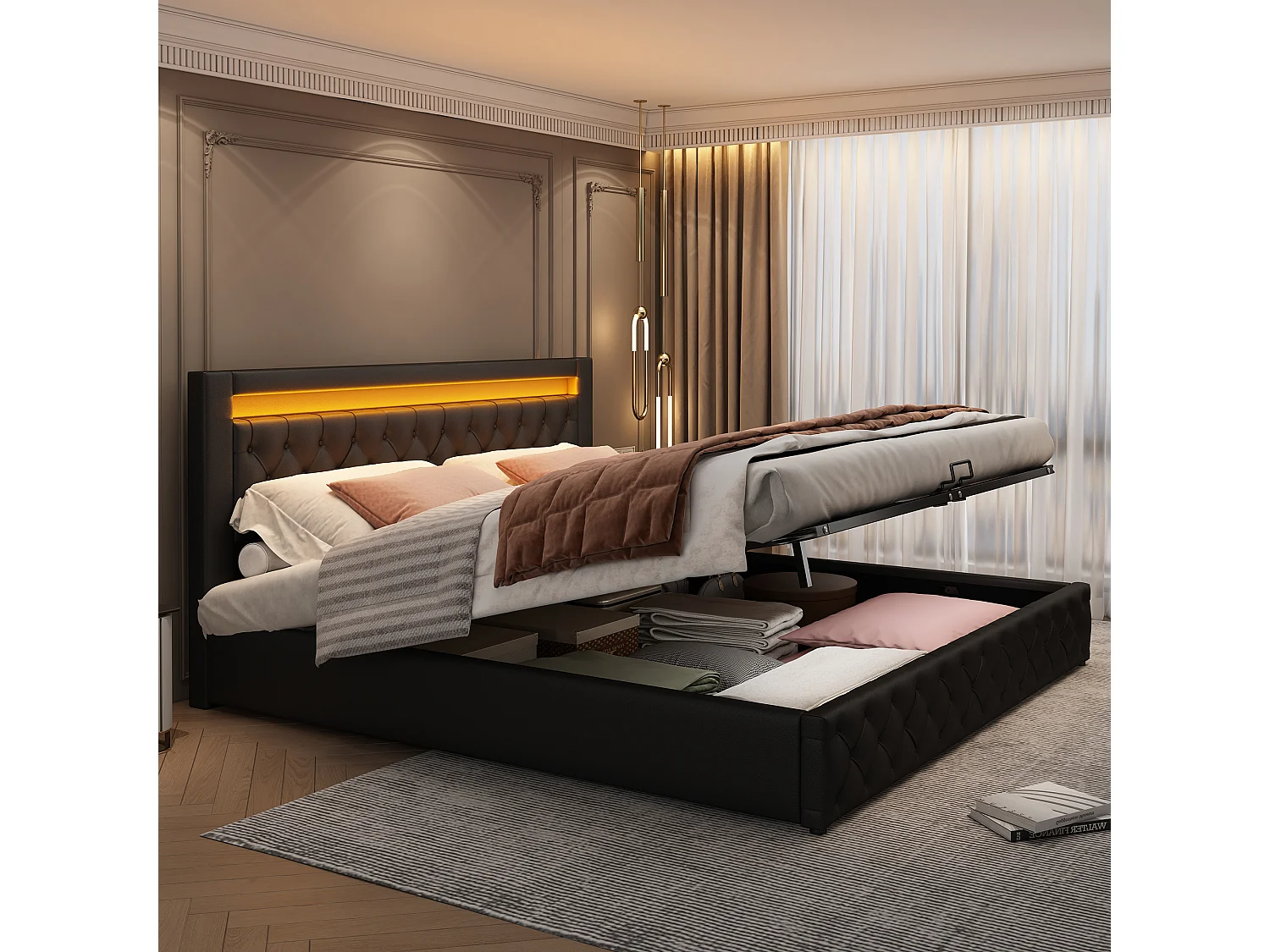 Łóżko ze schowkiem i zagłówkiem - 160 x 200 cm - skóra ekologiczna i diody LED - stelaż z listew - styl nowoczesny - czarny 2747891 - obrazek 1