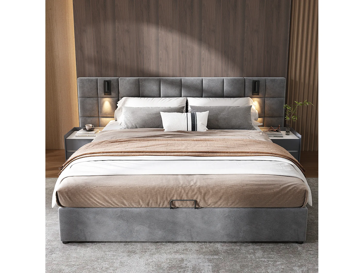 Łóżko ze schowkiem i regulowanym zagłówkiem - 180 x 200 cm - aksamit - z regulowaną lampką i USB - styl nowoczesny - szary 2747899 - obrazek 1