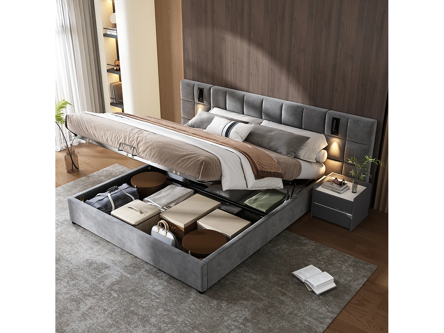 Łóżko ze schowkiem i regulowanym zagłówkiem - 160 x 200 cm - aksamit - z regulowaną lampką i USB - styl nowoczesny - szary 2747911 - obrazek 1