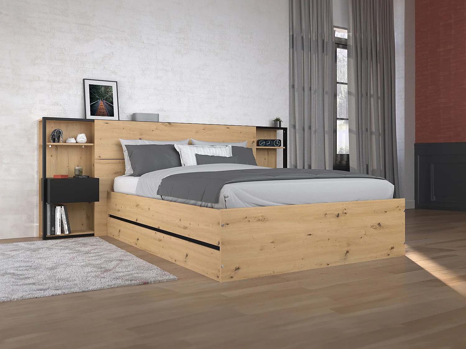 Łóżko ze skrzynią i szafkami nocnymi 140 x 190 cm – Naturalny i czarny – LUDARO 2767297