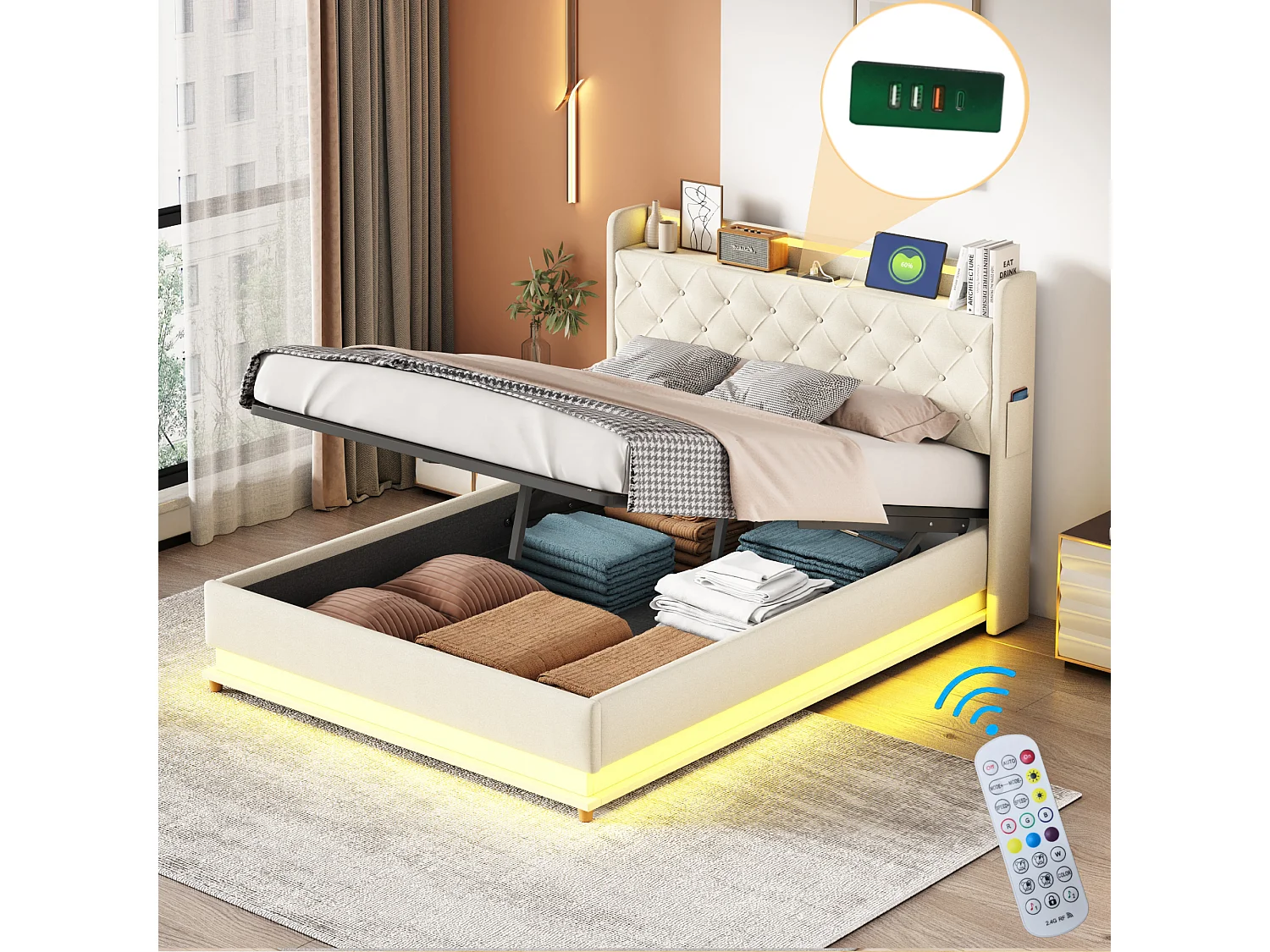 Łóżko ze schowkiem i zagłówkiem 140 x 200 cm - Port USB + LED - Tkanina lniana - w zestawie stelaż z listew - Beżowe 2865613 - obrazek 1