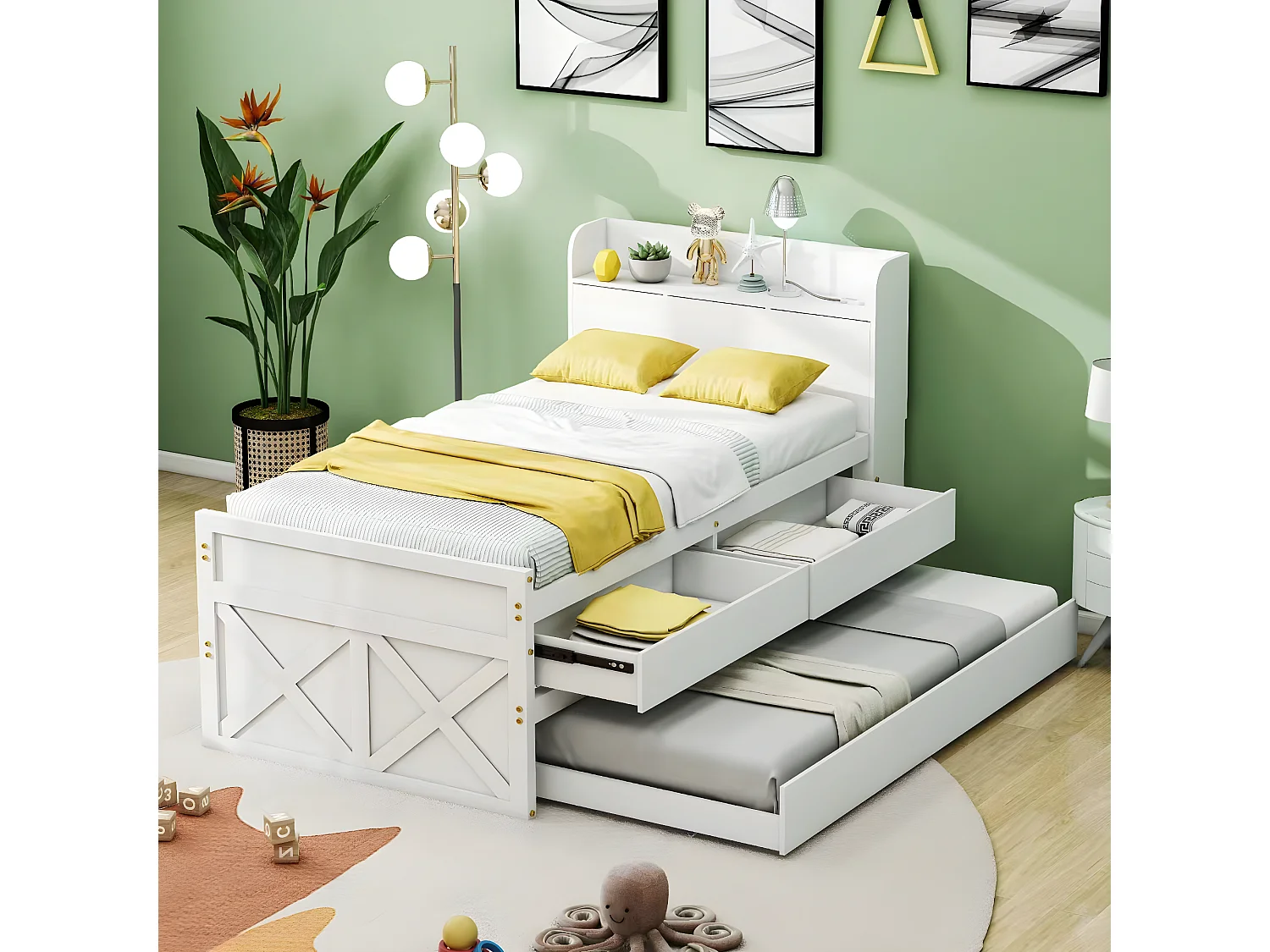 Łóżko wysuwane 90x190 cm - białe - łóżko pojedyncze z ładowarką USB - 2 szuflady - bez materaca 2895595 - obrazek 1