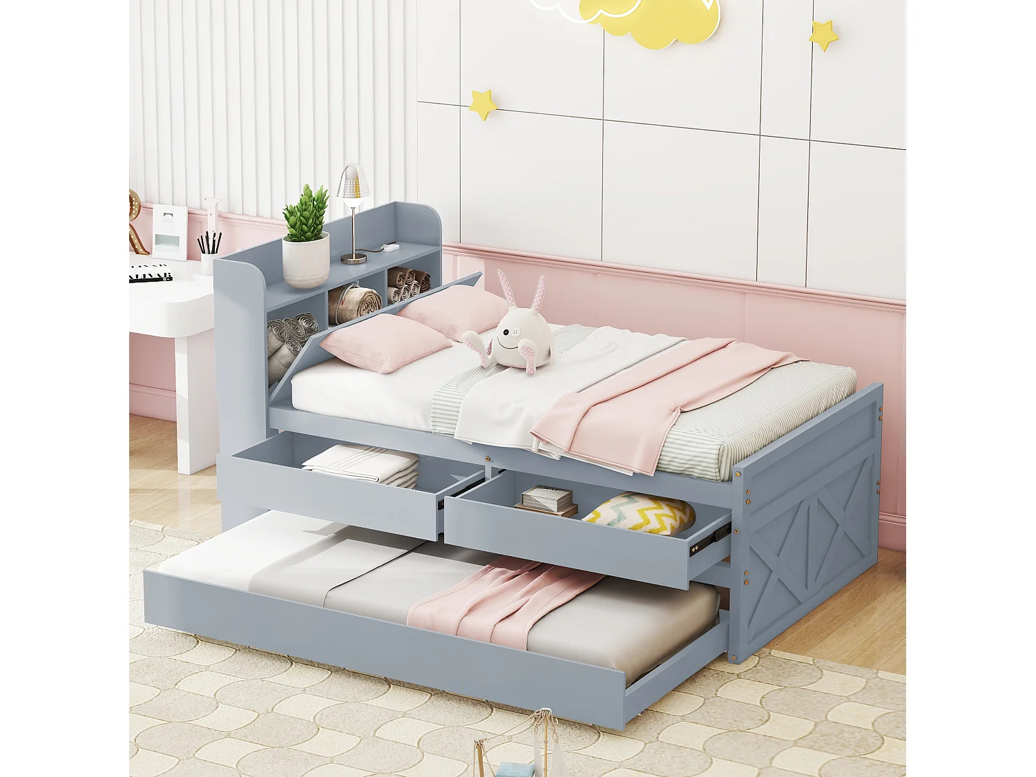 Łóżko wysuwane 90x190 cm - szare - łóżko pojedyncze z ładowarką USB - 2 szuflady - bez materaca 2895596 - obrazek 1