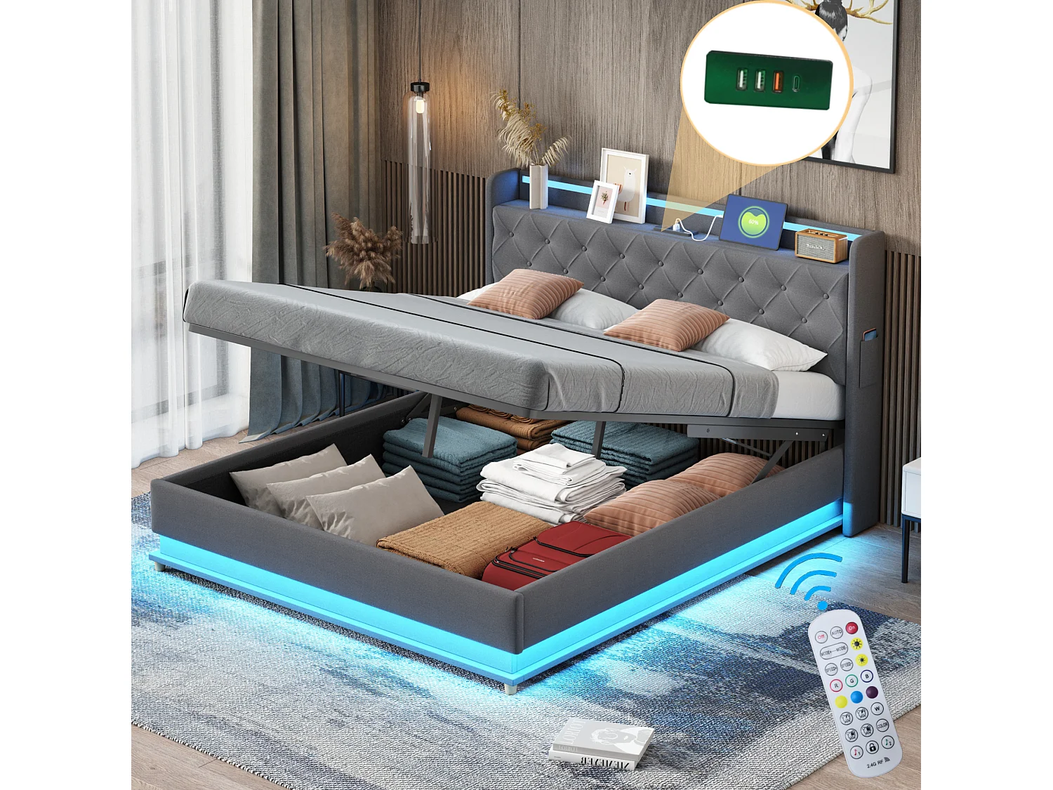 Łóżko ze schowkiem 160x200 cm - szary len - łóżko małżeńskie z ładowaniem USB i oświetleniem LED - bez materaca 2895660 - obrazek 1