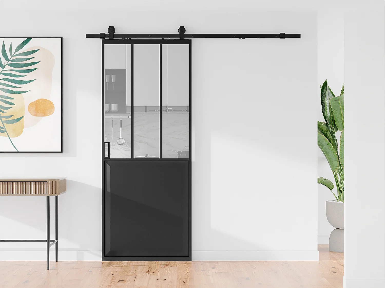 Drzwi przesuwne industrialne naścienne - Czarny i szkło hartowane - wys. 205 cm x szer. 93 cm - ARTISTO II 2916333 - obrazek 1
