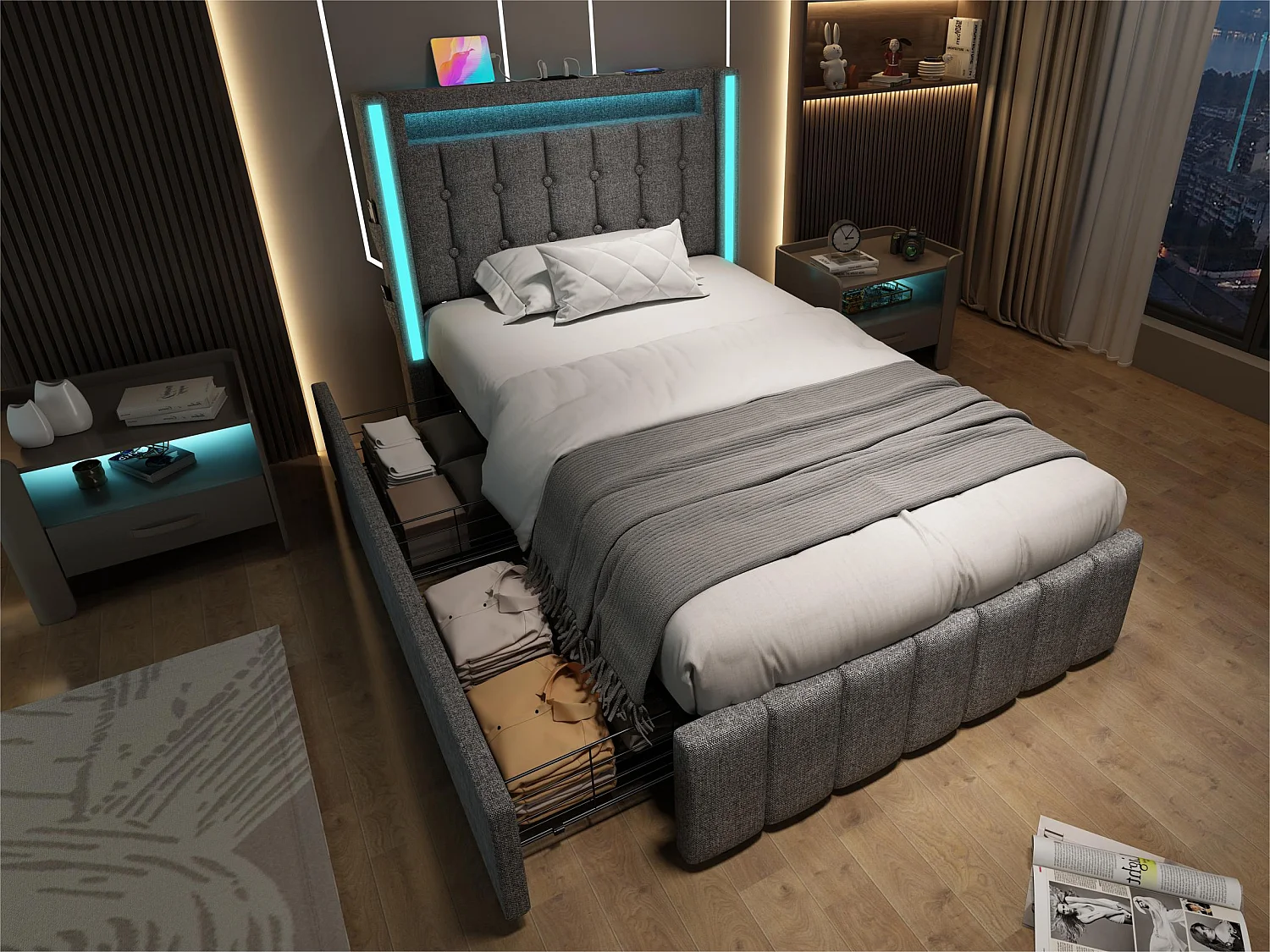 Łóżko z 2 szufladami 90x200cm tapicerowane lnem - z funkcją ładowania i oświetleniem LED - Szare 3038934 - obrazek 1