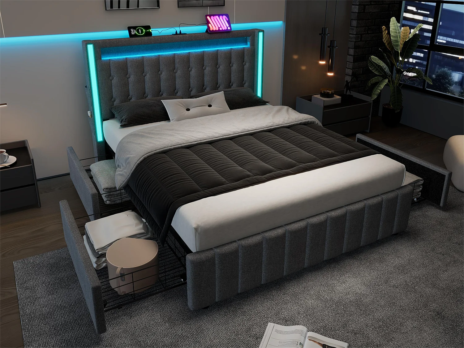 Łóżko z 2 szufladami 140x200cm tapicerowane lnem - z funkcją ładowania i oświetleniem LED - Szare 3038932 - obrazek 1