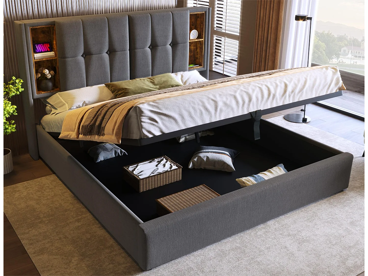 Łóżko z tapicerowanym stelażem 180x200 cm - z bezprzewodowym ładowaniem i schowkiem - materiał bawełniany - Szary 3038962 - obrazek 1