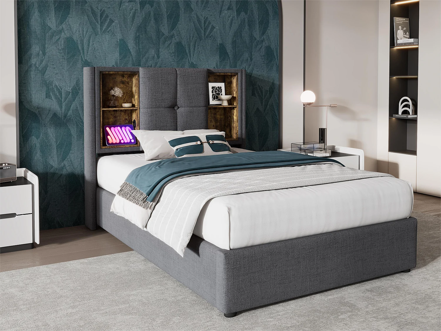 Łóżko z tapicerowanym stelażem 90x200 cm - z ładowaniem bezprzewodowym i głową do przechowywania - materiał bawełniany - Szary 3038965 - obrazek 1